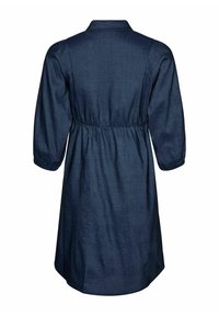 Tamno plava, lagana haljina s ovratnikom, rukavima do tri četvrtine i elastičnim strukom. Glatka tekstura i ravni kroj do ruba.