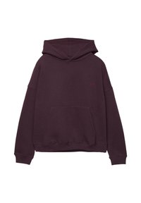 Felpa viola con tasca anteriore, cappuccio regolabile con lacci e polsini a costine. Presenta un logo ricamato sul petto. Tessuto morbido.