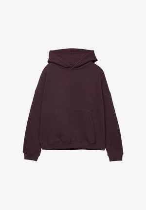 Purple hoodie with a front pocket, adjustable drawstring hood, and ribbed cuffs. Features an embroidered logo on the chest. Soft fabric texture.