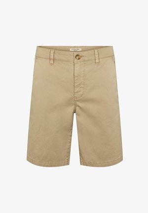 Beige katoenen shorts met een knoopsluiting en een ritssluiting aan de voorkant, voorzien van ceintuurlussen en een nette zoom. De stof heeft een soepele textuur.