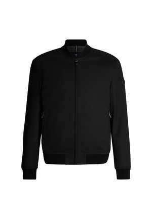 Zwarte bomberjack met rits aan de voorkant, ribbelkraag, -manchetten en -zoom, ritszakken aan de zijkanten en een klein rond logo op de linker mouw.