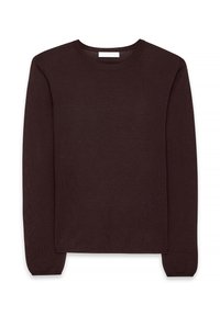 Dark brown, long-sleeved sweater made of soft knit fabric, featuring a crew neck and ribbed cuffs and hem. Simple, unembellished design.