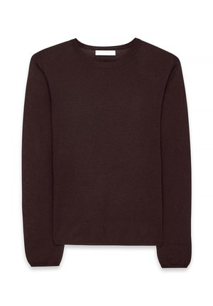 Dark brown, long-sleeved sweater made of soft knit fabric, featuring a crew neck and ribbed cuffs and hem. Simple, unembellished design.