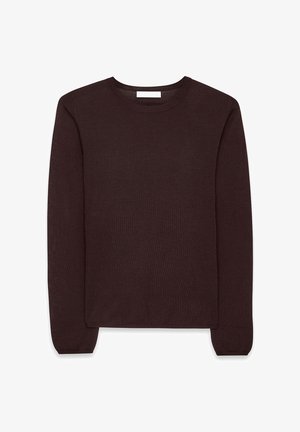 Ciemnobrązowy, długi sweter z długim rękawem wykonany z miękkiej dzianiny, z okrągłym dekoltem oraz ściągaczami przy rękawach i dolnej krawędzi. Prosty, nieskrępowany design.