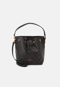 Black and brown checkered leather bucket bag with a drawstring closure, gold hardware, and a detachable shoulder strap. JOOP! logo visible.