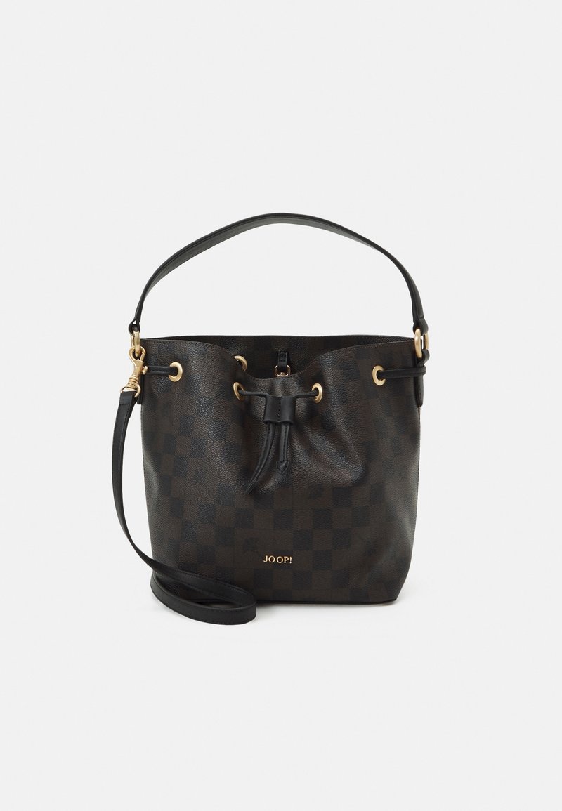 Black and brown checkered leather bucket bag with a drawstring closure, gold hardware, and a detachable shoulder strap. JOOP! logo visible.