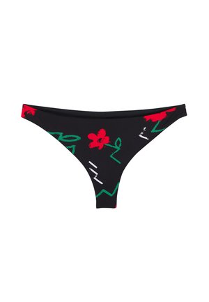 Zwarte bikinibroek met rode bloem en groene en witte abstracte lijnpatronen op een effen witte achtergrond.