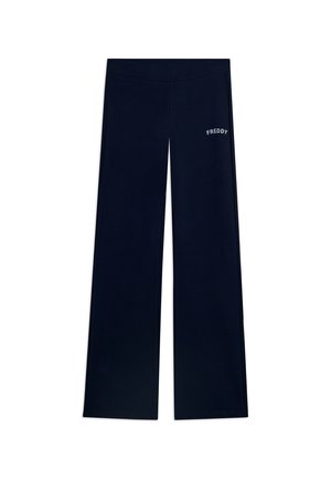 Pantalones azul marino de pierna ancha con cintura alta y el logo "FREDDY" impreso en el muslo superior izquierdo.