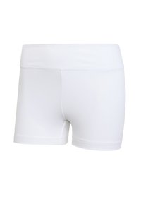 Άσπρα αθλητικά σορτς με απαλό, ελαφρύ ύφασμα. Μέση μεσαίου ύψους, εφαρμοστή σχεδίαση και καθαρές άκρες ρεβέρ χωρίς ορατά σχέδια.