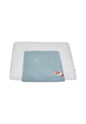 Changing mat with a white dotted pattern and a detachable blue towel featuring an illustration of a fox. Soft texture, rectangular shape.