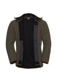 Donkergroene fleece- gevoerde jas met ribbeltextuur, voorzien van een ritssluiting en twee externe borstzakken in een contrasterende grijze stof.