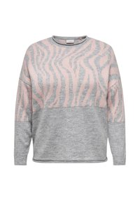 Grijze trui met roze zebrastripes, ronde hals en lange mouwen. Gemaakt van zacht gebreid materiaal met een ontspannen pasvorm.