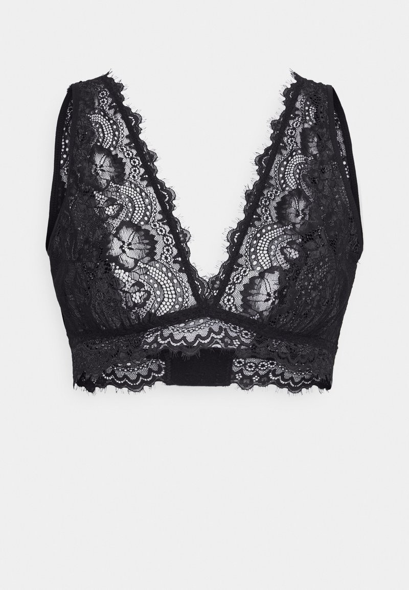Czarny koronkowy biustonosz braletka z głębokim dekoltem w kształcie litery V, zdobiony kwiatowymi wzorami i falbaniastymi krawędziami. Miękka elastyczna taśma z tyłu dla lepszego wsparcia.