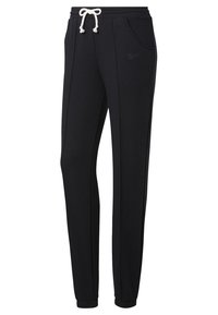Los pantalones de chándal negros cuentan con una cinturilla con cordón, bolsillos laterales y un logo sutil. Están hechos de una tela suave con una textura lisa.