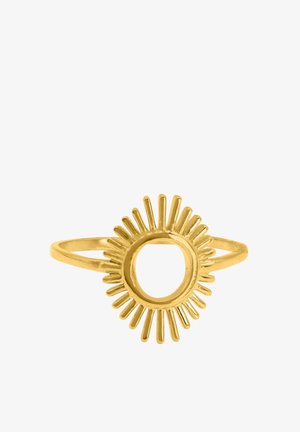 Gullring med en solstråledesign og langstrakte stråler rundt en sirkulær åpning. Glatt tekstur, tynn band, polert overflate.