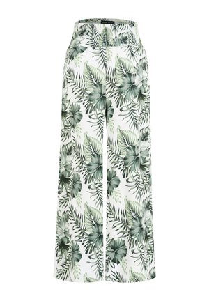 Nohavice s širokými nohavicami a vysokým elastickým pásom, s potlačou zelených a sivých tropických listov a kvetov na bielom pozadí.