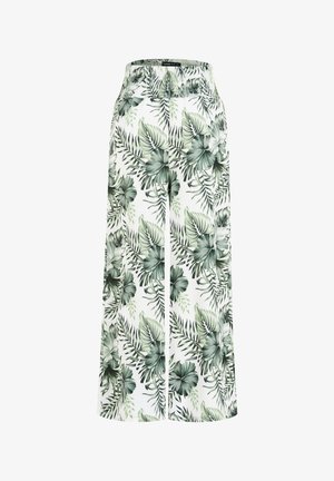 Nohavice s širokými nohavicami a vysokým elastickým pásom, s potlačou zelených a sivých tropických listov a kvetov na bielom pozadí.