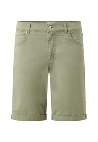 Shorts kaki en coton, avec fermeture à bouton, cinq poches et ourlets roulés. Texture lisse avec des détails de couture simples.