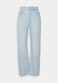 Jeans de mezclilla de una suave tonalidad azul claro con una cintura alta, silueta holgada, un ligero desgastado, diseño de cinco bolsillos y detalles en hardware plateado.