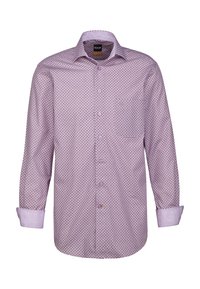 Camicia button-up lilla con un motivo geometrico, maniche lunghe e colletto classico con una tasca sul petto.