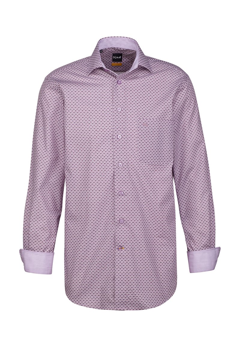 Camicia button-up lilla con un motivo geometrico, maniche lunghe e colletto classico con una tasca sul petto.