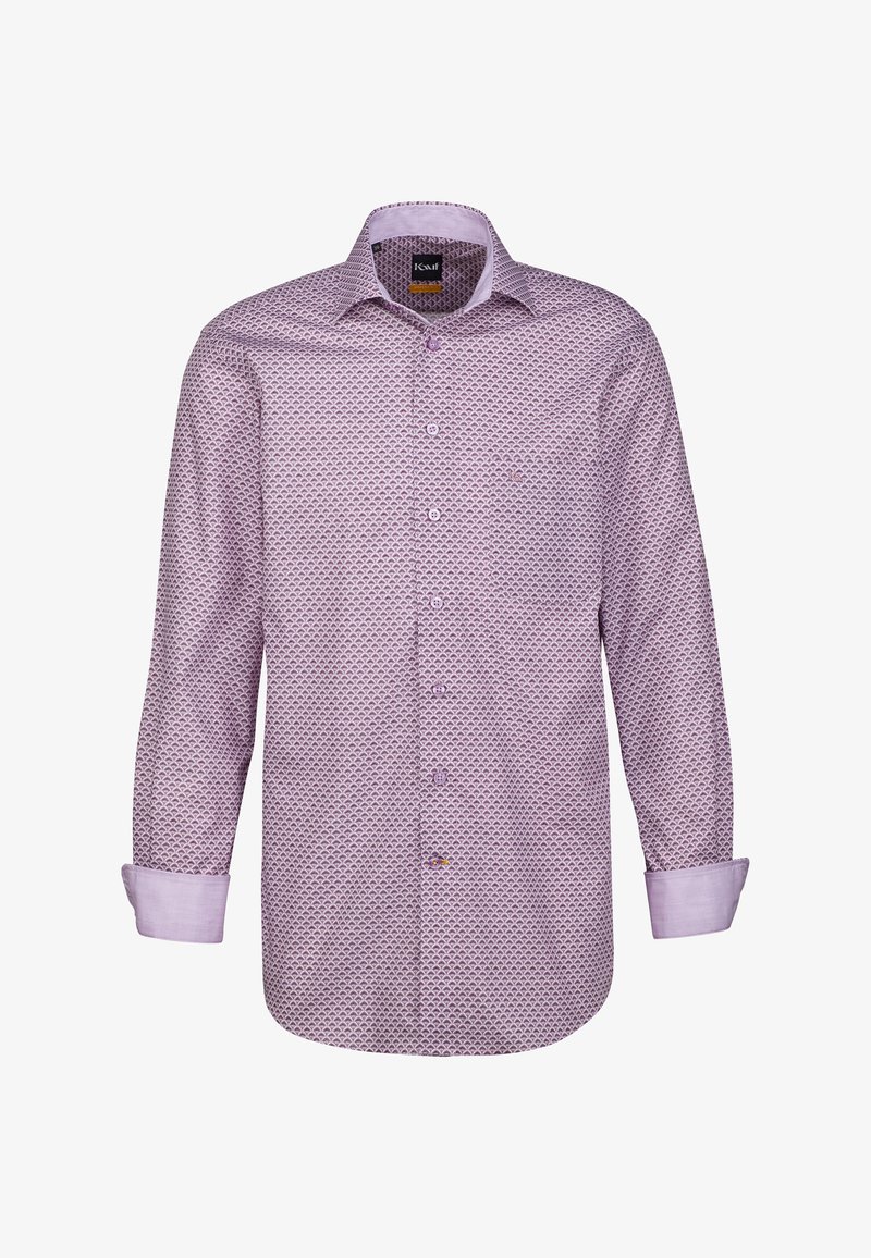 Camicia button-up lilla con un motivo geometrico, maniche lunghe e colletto classico con una tasca sul petto.