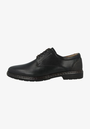 Zwarte leren dresschoenen met een gladde oppervlak, ronde neus, vetersluiting, contrasterende stiksels en een duurzame rubberen zool.