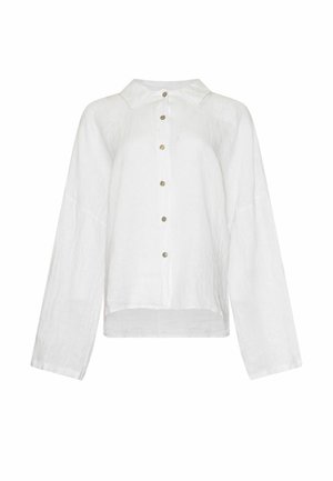 Chemise blanche à manches longues avec boutons, col droit et coupe décontractée, présentée sur un fond blanc uni.