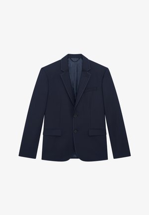 Blazer da uomo blu navy con revers a scasso, chiusura a due bottoni, tasche a patta e tasca sul petto, interno foderato.