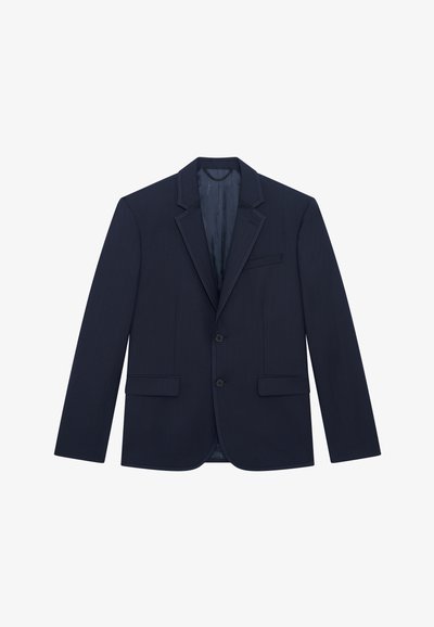 Blazer da uomo blu navy con revers a scasso, chiusura a due bottoni, tasche a patta e tasca sul petto, interno foderato.