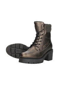 Bronzen leren enkelboots met een gestructureerde kraag, vetersluiting, dikke zwarte rubberen zool en logodetail aan de zijkant.