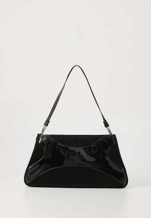 Black handbag featuring a glossy patent finish with a textured fabric panel, sleek shape, and silver hardware for the adjustable strap.