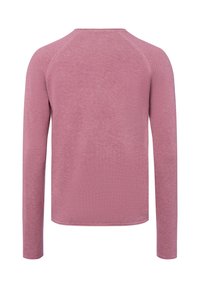Pull en tricot rose à manches longues avec des manches raglan, présenté de dos sur fond blanc.
