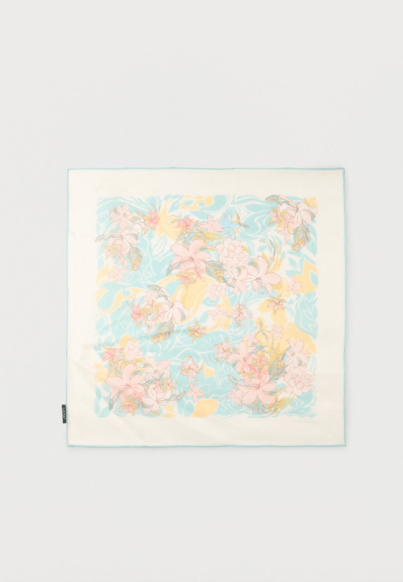 Τετράγωνο μεταξωτό μαντήλι με παστέλ ροζ και κίτρινα λουλουδάτα σχέδια σε γαλάζιο και κρεμ φόντο.