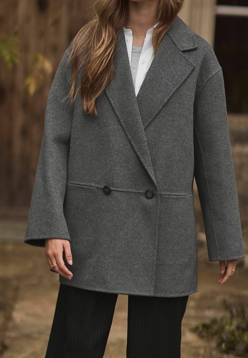 Manteau oversize croisé en mélange de laine grise avec revers crantés, deux boutons noirs et manches larges. Porté sur une chemise blanche et un pantalon noir.