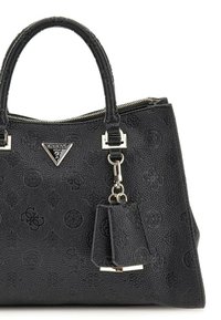 Sac à main noir en cuir texturé avec poignées doubles, quincaillerie argentée, motifs de logo embossés et une étiquette amovible. Fermeture à glissière sur le dessus.