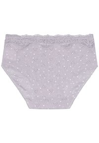 Light purple cotton underwear with a lace trim at the waistband. Features a pattern of small white hearts throughout the fabric.