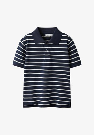 Granatowa i biała, w paski, koszulka polo z krótkim rękawem, z kołnierzykiem, trzema guzikami oraz bocznymi rozcięciami u dołu, zapewniająca luźny krój.
