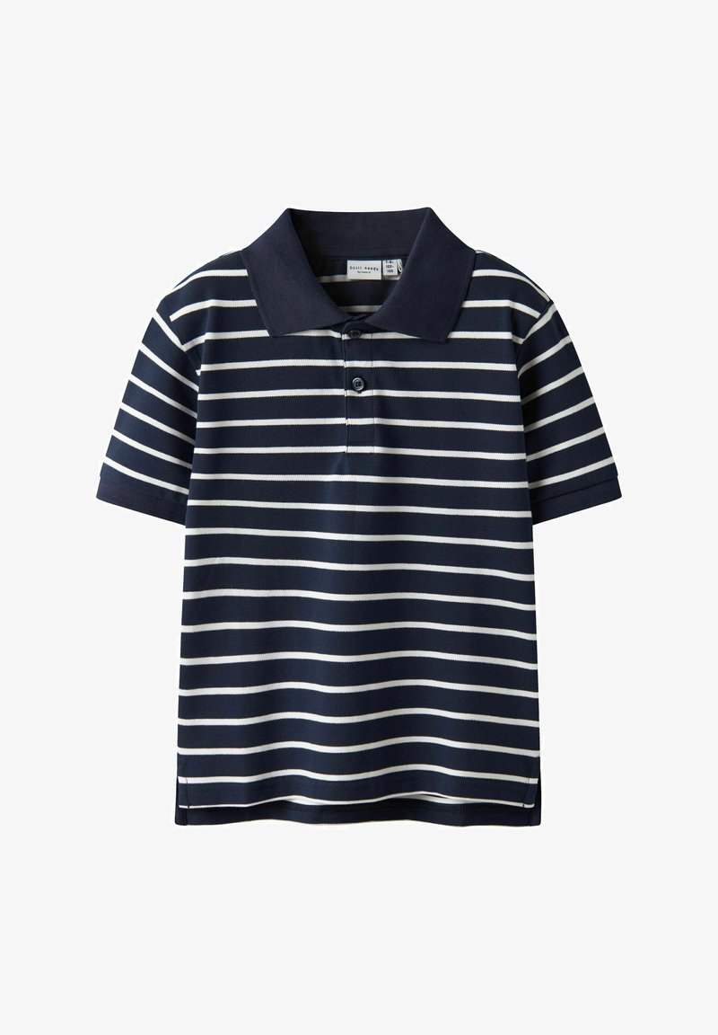 Navy en witte gestreepte polo met korte mouwen, een kraag, drie knopen en zijsplitten aan de zoom voor een relaxte pasvorm.