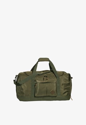 Olijfgroene duffeltas van duurzaam stof, met een voorvak, dubbele handvatten en een afneembare schouderband. Bruine hardware-accenten.