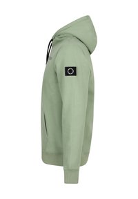 Hellgrüner Kapuzenpullover mit Kordelzug, Seitentasche, gerippten Bündchen und Saum sowie einem schwarzen Patch am Ärmel mit einem runden Logo.