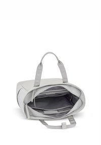 Ljusgrå syntetväska med dubbla handtag, zippered stängning, rymligt inre och flera fack för organisering. Mjuk textur.