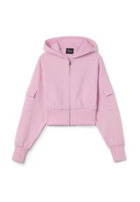 Felpa corta rosa con zip frontale, maniche ampie e tasca laterale. Realizzata in tessuto morbido con una texture liscia.