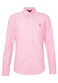Rosa långärmad skjorta med vita vertikala ränder, krage och en liten logotyp på vänster bröst. Tillverkad av bomull.