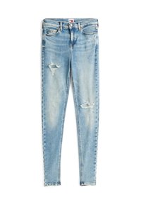 Vaaleansiniset skinny-farkut, jotka on valmistettu denimistä. Farkuissa on kulumista, repeytyneitä kohtia ja haalistuneita alueita, ja ne on varustettu klassisella viiden taskun designilla.