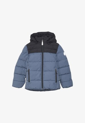 Blue and black padded jacket with a hood, featuring a zip closure, two side pockets, and horizontal stitching for added texture.