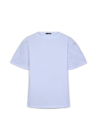 T-shirt bianca con maniche corte, caratterizzata da ricami floreali intagliati sulle maniche, realizzata in tessuto leggero e traspirante. Collo rotondo.