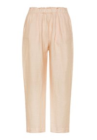 Lyse ferskenfarvede løstsiddende bukser med elastisk talje og subtilt tekstureret stof, kort længde og sidelommer.