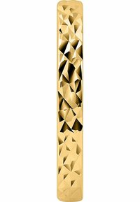 Guld akryl dekorativ genstand med et facetteret geometrisk design, forlænget rektangulær form, glat tekstur og varierende lysreflektioner.