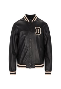 Veste de varsity en cuir noir avec une finition texturée, col et poignets à rayures côtelées, fermeture à bouton-pression, et un accent en relief en forme de lettre "D".